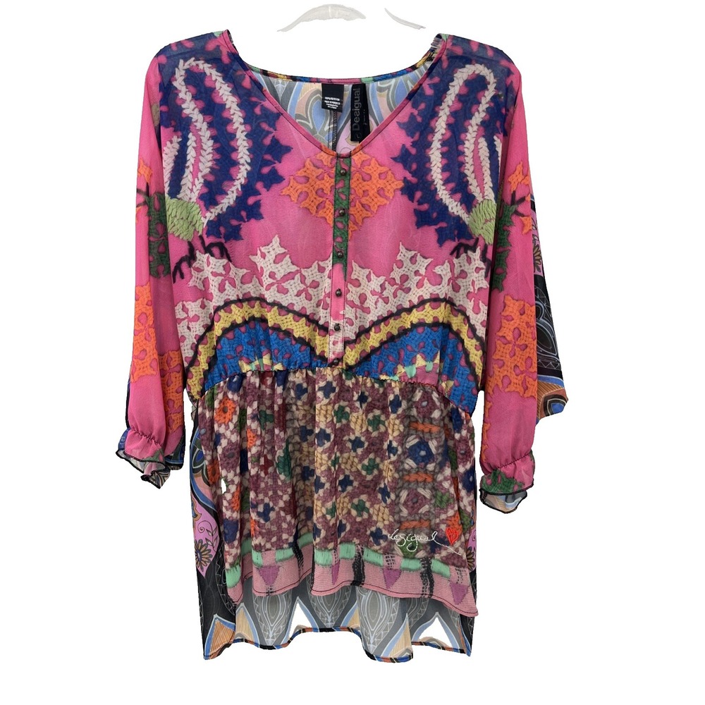 Desigual Peplum Top Size L Boho Chiffon Sheer Artsy Button Up Tunic Pink Blue